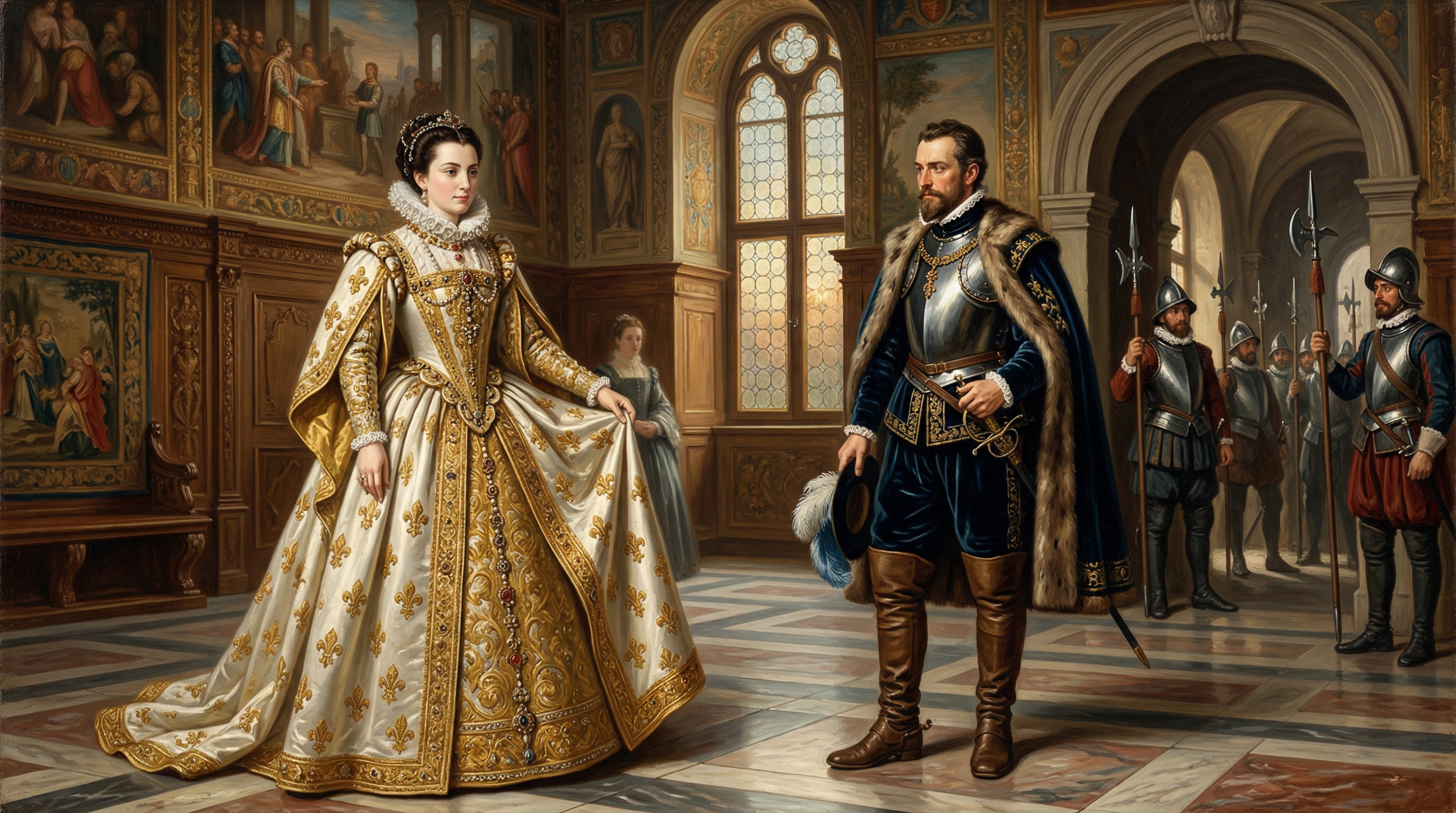 플뢰르-드-리스 드레스로 프랑스 사절을 맞이하는 이사벨라